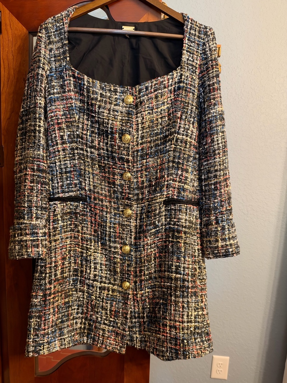 Alexia Admor Multicolor Tweed Long Sleeve Gold-Button Dress